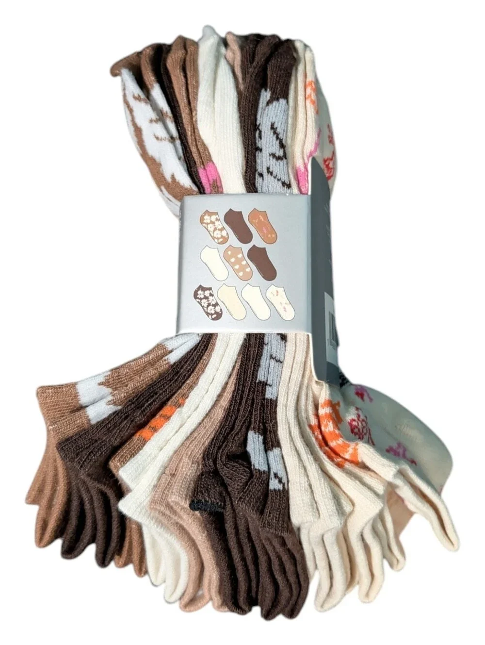 Marilyn Monroe Low Cut Socks - Brown & Cream Floral Print (10 Pairs)